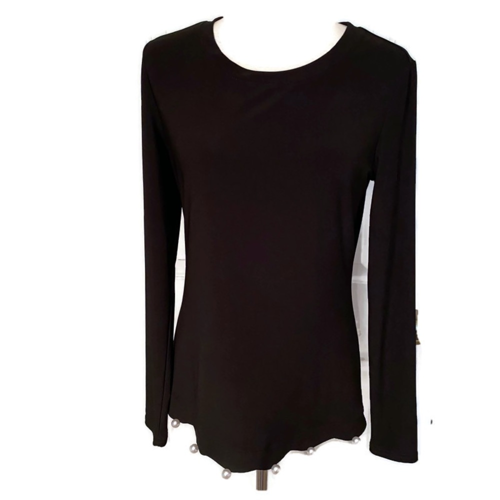 JOSEPH RIBKOFF TOP BLACK LONG SLEEVE FAUX PEARLS AT HEM Size 8